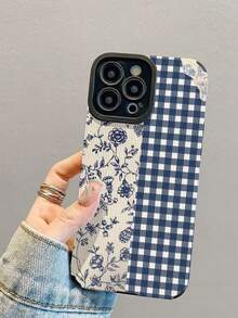 1pc New Fashionable & Elegant Blue Plaid & Floral Pattern Shock-Resistant Leather Phone Case Compatible With IPhone 17/17 Air/17 Pro/17 Pro Max, 16/16 Plus/16 Pro/16 Pro Max, 15/15 Plus/15 Pro/15 Pro Max, 14/14 Plus/14 Pro/14 Pro Max, 13/13 Pro/13 Pro Max, 12/12 Pro/12 Pro Max, 11/11 Pro/11 Pro Max