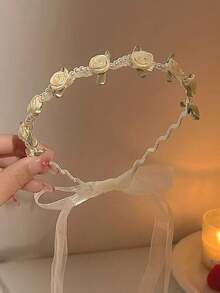 1 pièce Bandeau à fleurs pour femme, coiffe de fleur de camélia douce, bandeau de mariée avec nouvelle perle, style princesse polyvalent avec imprimé floral papillon, serre-tête, cercle de cheveux - Multicolore - Voir 4