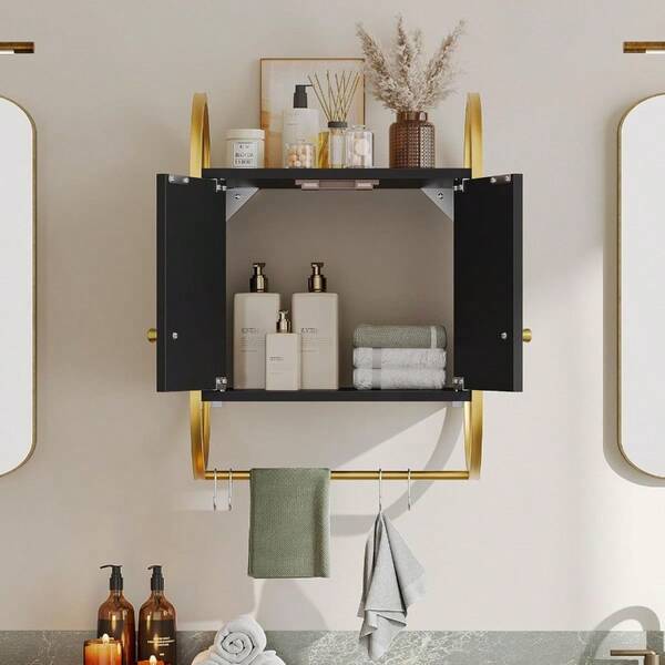 40cm Floating Kitchen Shelves With Cabinet 2 Tier Shelves For Room Wall Decor With Towel Bar And Hooks Black