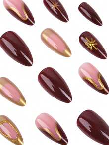 24pcs Asymmetrical Golden Circle & Star Asymmetrical Almond Shaped Press-On Nails Set, Elegant & Casual, Suitable For Graceful Ladies For Daily Life And Shopping - Burgundy - View 7