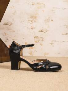 女士高跟鞋，时尚优雅的蝴蝶结装饰，封闭式鞋跟，粗跟带设计，商务正式高跟鞋，适合宴会、派对、舞会等场合，黑色高跟鞋，芭蕾平底鞋/返校/婚礼/圣诞节/派对 - 黑色 - 查看 5