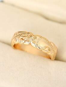 1枚优雅花朵造型戒指，女士礼物，适合婚礼、订婚、周年纪念、派对及其他场合 - 金黃色 - 查看 6