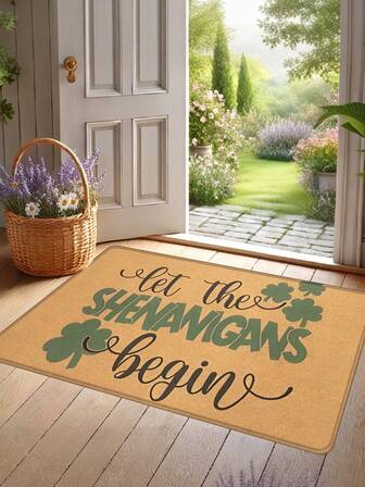 1pc Let The SHENANIGANS Begin Handwritten Text With Dark Green Clover Decor Doormat, Flannel Bathroom/Bedroom/Hallway/Outdoor Entrance Rug, Absorbent Floor Mat For Holiday Decoration And Party Use, Rectangular