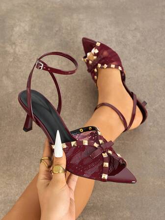 Women's High Heels, Suitable For Spring/Summer Night Parties, Outdoor, Travel, Shopping, Gatherings, Runway, Commuting, Banquets, Fashion Elegant Design With 3D Bow, Rivets, Comfortable Lace Mesh Floral, Adjustable Ankle Strap, Kitten Heel, Solid Color Mirror Surface, Comfortable Material, Matching Autumn Dresses, Mature And Versatile, Wine Red High Heel Sandals
