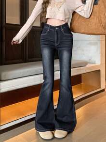 New Stretch Fitted Flared Jeans For Women, Design Details Pocket Flap Dragging Hem Pants - Blue - View 2