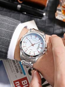 1pc Circular Calendar Luminous Quartz Stainless Steel Band Casual Business Men's Watch - one-size - View 10