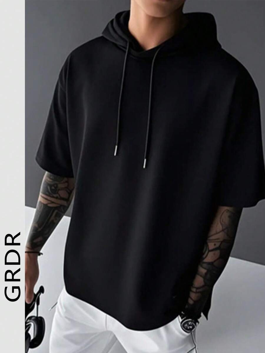 Camiseta con capucha de manga corta de unicolor con cordón para hombre GRDR, adecuada para uso casual al aire libre en verano - Negro - Ver 1