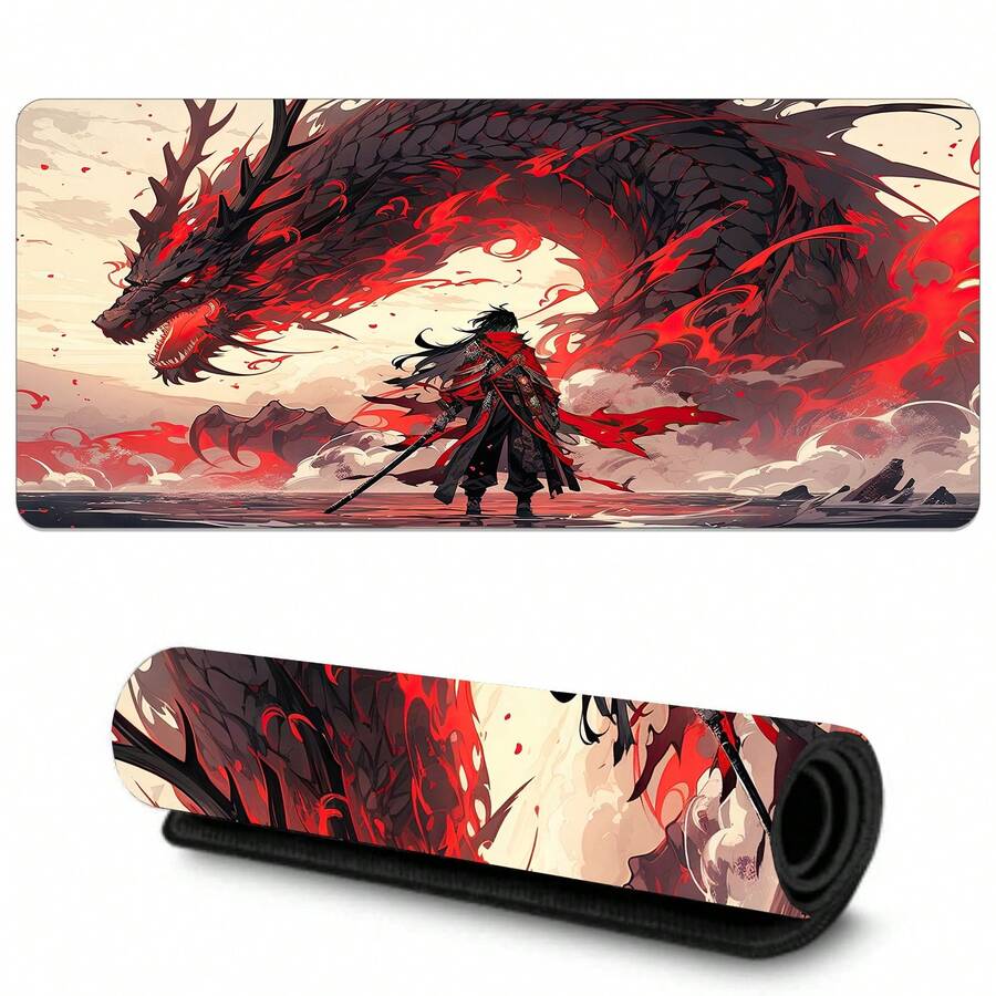 1 pièce Grand tapis de bureau style samouraï japonais, tapis de souris de jeu cool avec dragon rouge. Grand tapis de bureau XXL, tapis de bureau kawaii anime, protecteur de bureau pour ordinateur portable et clavier - Rouge - Voir 1