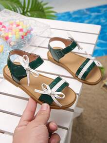 小女孩深绿色蝴蝶结舒适平底凉鞋露趾夏季鞋 - 綠色 - 查看 3