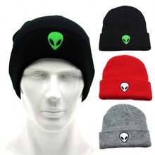 INSTOCK! Hot New Embroidered Alien & Skull Knitted Beanie - Unisex Winter Warm Slouchy Cuffed Cap, Edgy Goth Hip Hop Streetwear Headwear. Ideal Valentine's Day Gift For All, Global . Wholesale Available, Limited Time , Great Value! - Alien - View 8