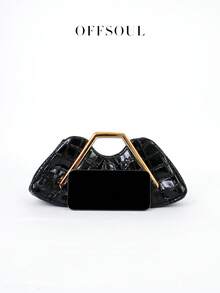 Vintage Asymmetrical Ruffle Cloud Clutch Bag, Unique Metal Hardware Handbag, High-End Retro Party Evening Bag - 黑色 - 查看 9