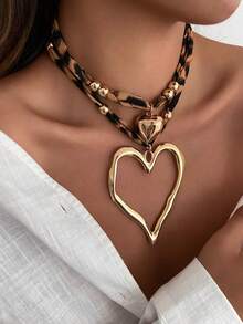 2pcs/Set Bohemian CCB Beaded Fabric Leopard Print Choker Necklace With Heart Pendant, Luxurious & Elegant, Suitable For Vacation, Party, Wedding, Casual Wear, Street Style, Women & Couples, Holiday & Birthday Gift - Necklace - View 15