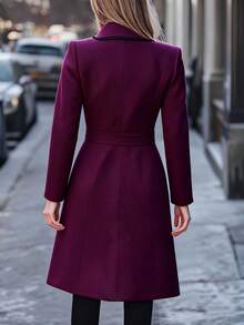 黑色滚边缺角翻领单排扣长款系带优雅冬季外套 - 紅木色 - 查看 4