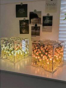 1pc DIY Cube Tulip Night Light, Creative Tulip Flower Design, Battery Powered, Mirror Surface, Beautiful Tulip Flower, Suitable For Home Bedroom Decor, Tabletop Decor, Valentine's Day Gift, Mother's Day Gift, Birthday Gift And Handmade DIY Gift - 立方體 - 查看 5