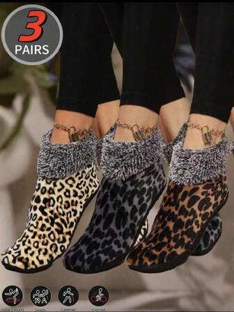 3 par leopardmönstrade vinterbenvärmare för dam, varma benvärmare, höst/vinter dam tjocka stickade fodrade benvärmare, mjuka inomhustofflor med halkfri botten för vuxna