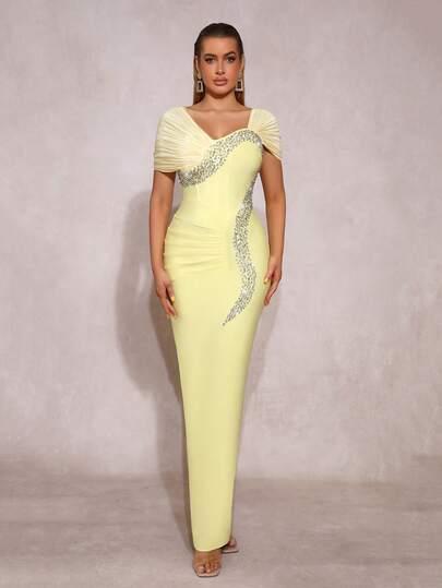 New European And American Luxury Diamond Sexy Square Neck Slim Pleated Long Dress With Bandages Evening Gowns Women's Bridesmaid Dress