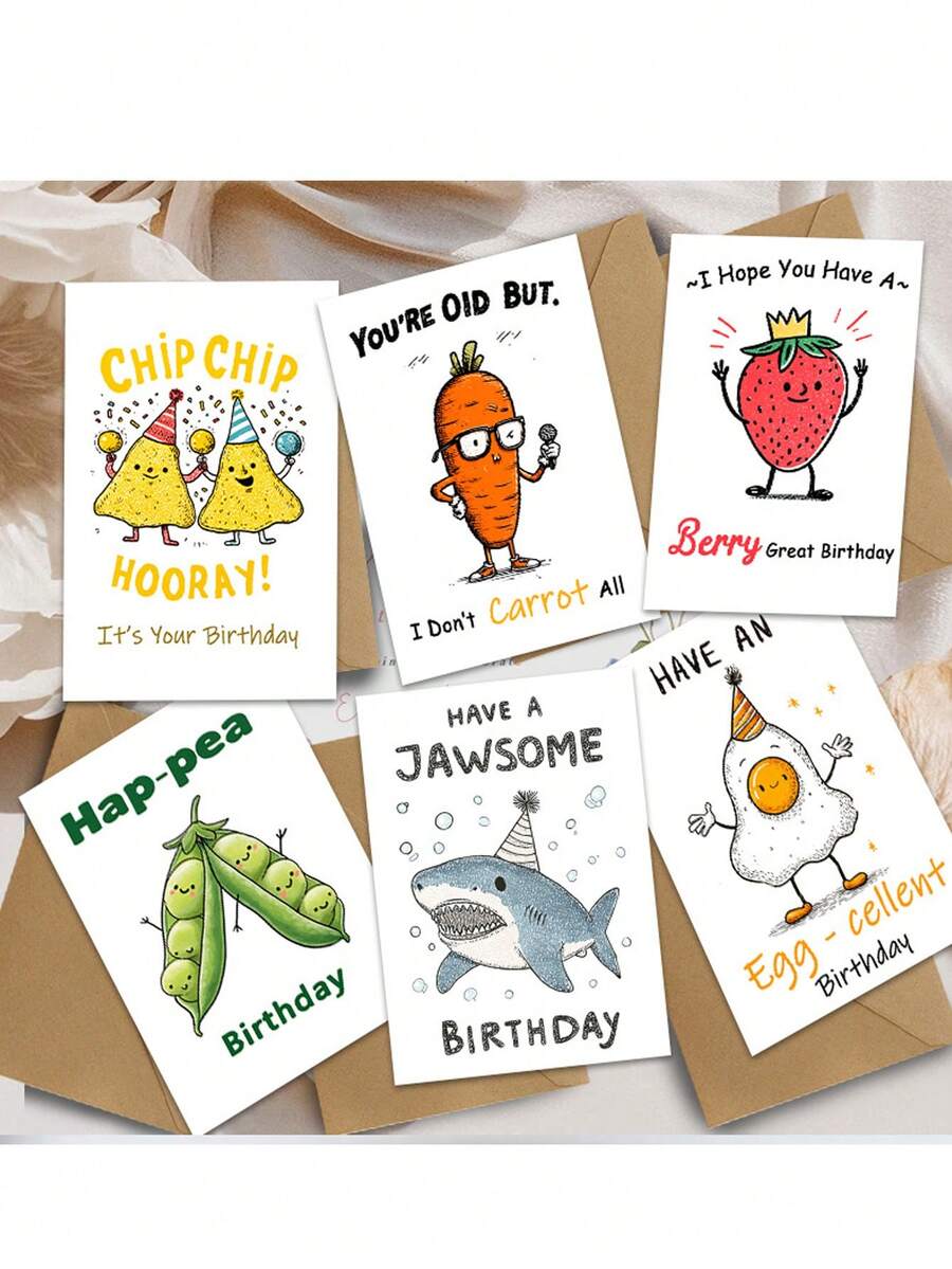 6张/套趣味双关生日贺卡，6个信封+6张卡片，趣味图案卡片，感谢卡，友谊卡，礼品卡，生日祝福和礼品卡。