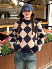 女士经典菱格纹针织套头衫，长袖罗纹针织上衣，中等弹力面料，常规长度，秋季保暖时尚 - 藏蓝色 - 查看 6