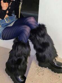 Hairy Leg Socks - Soft And Fluffy Boot Covers For Autumn And Winter, Perfect For Halloween And Santa Claus Costumes, Slim And Comfortable Wide Leg Socks - JK Mid Leg Socks. Valentine's Day Clothing Matching, MZSK - 黑色 - 查看 4