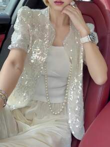 女士时尚亮片装饰短袖外套，闪亮亮片细节，常规版型梭织上衣，春季款 - 杏色 - 查看 5