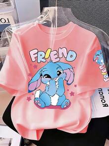 Tween Girls' Casual Cartoon Print Short Sleeve T-Shirt, Summer - Pink - View 3