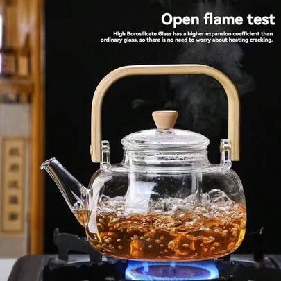 High Borosilicate Glass Teapot, Stovetop , Handmade Glass Pot With Bamboo Handle, Suitable For Brewing Loose Leaf Tea, Heat-Resistant Borosilicate Glass Teapot With Built-In Infuser, Compatible With Stove And Induction Cooktop