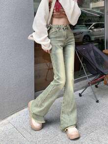 Frayed Hem Flare Jeans For Women, Stretchy Skinny Fit Ankle Length Pants - Blue - View 3