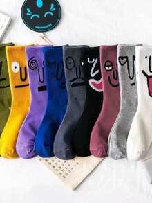10 Pairs Funny Expression Crew Socks, Cartoon High Waist Long Socks For Men And Women, Spring/Autumn - Multicolor - View 3