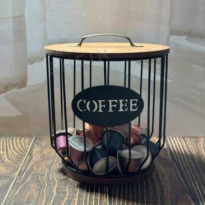 Iron Frame & Wooden Coffee Capsule Storage Basket, Minimalist Modern Style, Suitable For Storing Coffee Capsules, Dried Fruits, Snack Trays On Kitchen Counter, Living Room Coffee Table Or Office Desk