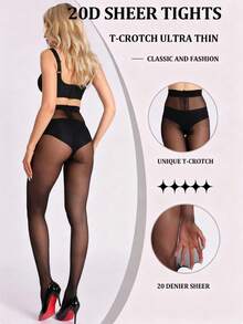 1 Pair - Women's Sheer T-Shirt Style Tights, Ultra-Thin Sexy Black Thigh High Socks, Disposable Thigh High Socks, 20D Minimalist Solid Black Thigh High Socks, Suitable For Pairing With Pantyhose. - T-crotch (black) - View 5