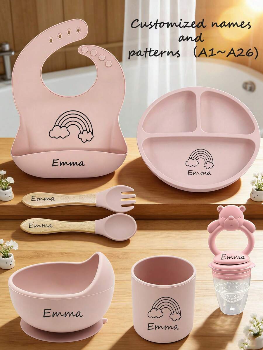 7pcs Baby Tableware Set, Customizable With Name & Pattern, Baby Gift, Bib, Plate, Bowl, Cup, Fork & Spoon, Teether