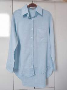 Women's Long-Sleeved Linen Shirt - Celeste - View 2
