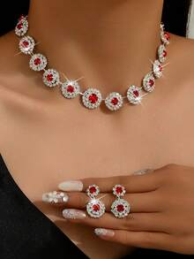 Women's Choker Style Round Rhinestone Necklace & Earrings Set - Silver-Tone Party Wedding Jewelry - ZT4067 - View 17