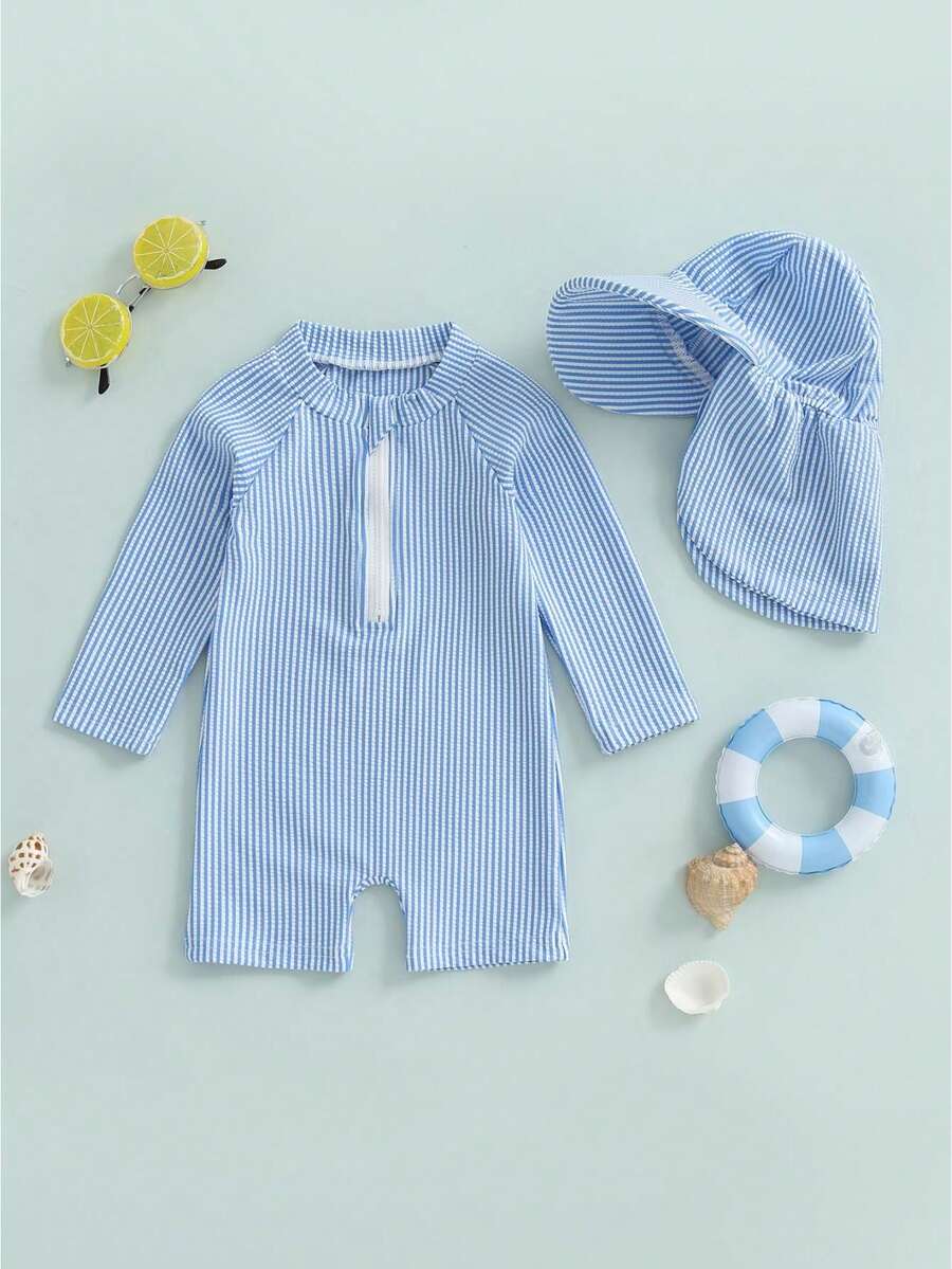 Infant Baby Boy Rash Guard Swimsuit Summer Spring Striped Long Sleeve Swimwear Zip Up Front Bathing Suit With Sun Hat - Màu xanh lam - Xem 1