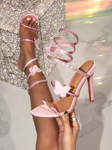 女士水钻细高跟凉鞋，系带设计，饰有水钻蝴蝶结装饰高跟凉鞋 - 粉色 - 查看 1