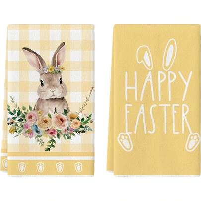 2pcs Easter Bunny Flower Kitchen Towel -100% Polyester Fiber Fade Resistant Dishwashing Cloth With Checkered Borders, Machine Washable, Suitable For Home Decoration As Easter, Housewarming, And Valentine's Day Gifts