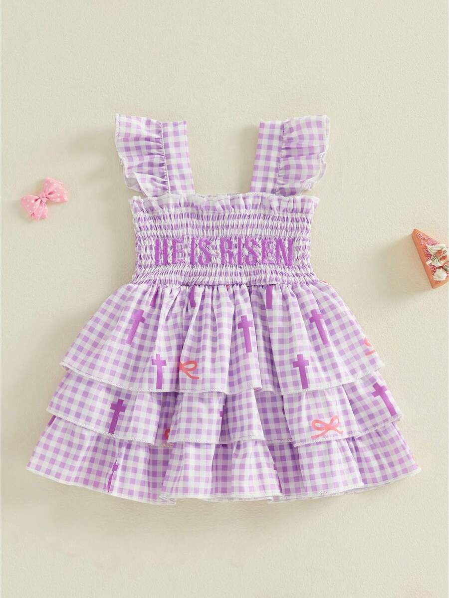 Toddler Baby Girl Easter Dress Smocked Embroidery Cross Bow Plaid Tiered Party Dresses Cute Summer Clothes - Purple - View 1