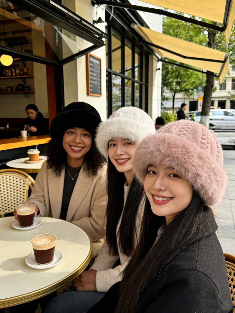 1顶新款仿毛皮压花高档渔夫帽/针织帽，女士冬季时尚保暖防风帽，日常穿着度假装扮的理想礼物 - A - 查看 1