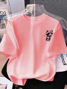Tween Girls Casual Cartoon Letter Print Short Sleeve T-Shirt, Summer - Pink - View 3