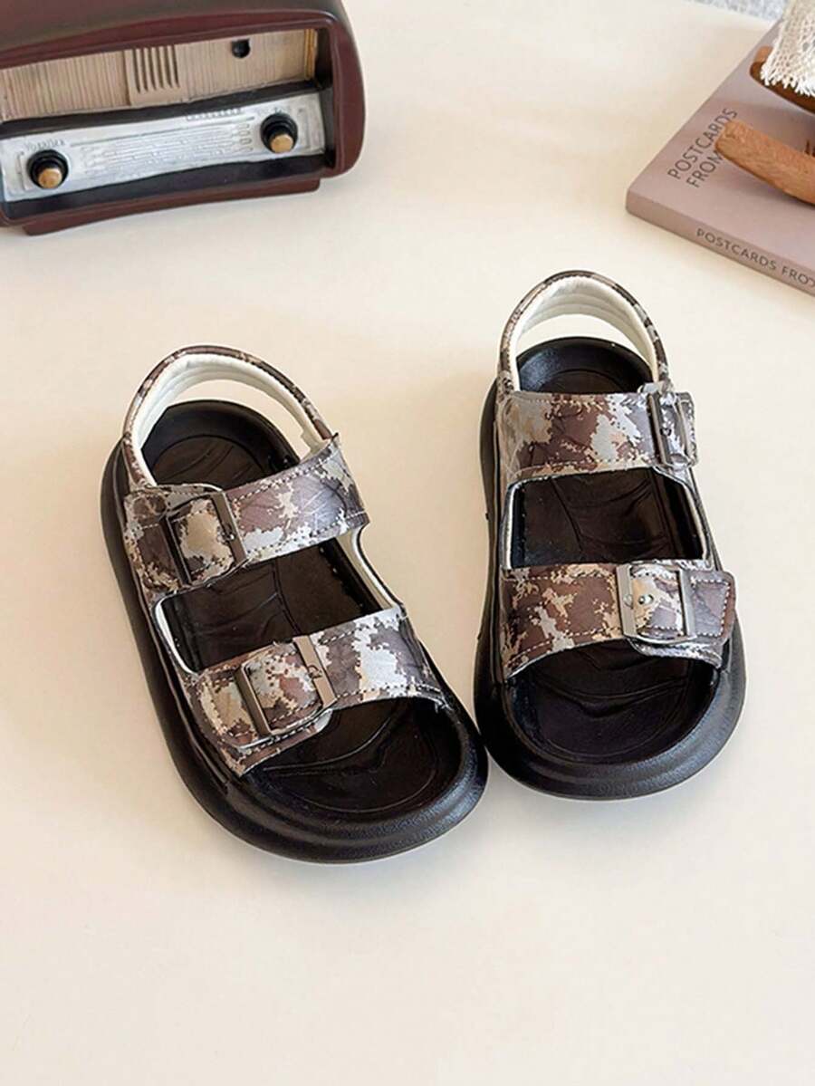 1 Pair Kids Camouflage Hook And Loop Sandals, Summer Open Toe Thick Sole Casual Fashion Children Beach Shoes - Brown - View 1