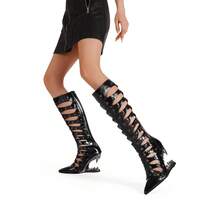 Nouveau style de gladiateur, fait main, dernier design ajouré avec rivets, confortable pour la randonnée et la danse, bottes à talons hauts asymétriques - Noir - Voir 2