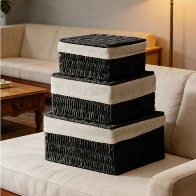 Bộ 3 giỏ đựng đồ đan tay kiểu Boho có nắp đậy, giỏ đan mộc mạc dùng cho phòng tắm, bàn làm việc, phòng khách, phòng ngủ, nhà bếp, hộp đựng đồ đa năng, giỏ quà tặng lý tưởng.