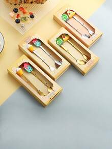 1 pièce/2 pièces Ensemble cadeau de couverts en acier inoxydable - cuillère à dessert et fourchette de dessin animé, brasseur à café, fourchette à fruits - Multicolore - Voir 8