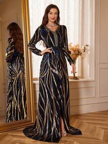 女士V领长袖亮片斑马纹优雅派对连衣裙，配可拆卸腰带，适合婚礼和度假穿着 - 藍色 - 查看 5