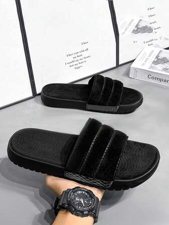 2025 春夏男士大码拖鞋，防滑软底情侣拖鞋，室内户外休闲厚底时尚男女通用凉鞋，舒适 EVA 毛绒黑色拖鞋