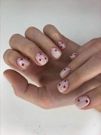 24 piezas Uñas postizas de cobertura completa con forma de corazón, color blanco cremoso y brillo rojo. Adecuado para citas, reuniones, bodas, uso diario, fiestas de baile y otras ocasiones. Suministros de arte de uñas, arte de uñas, uñas del Día de San Valentín.