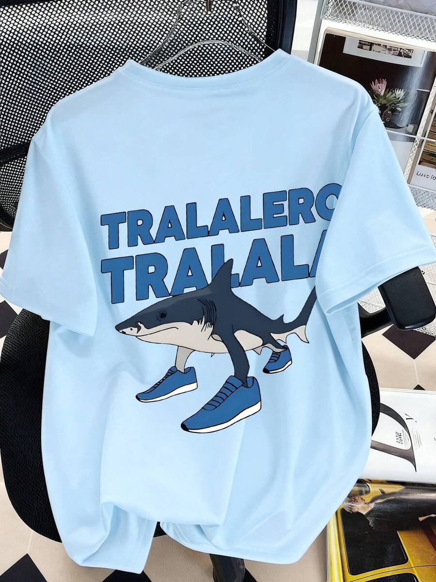 Tween Boy Sharks And Slogans Print Pullover Round Neck Short Sleeve Spring Summer New Boys Clothes Kids - Baby Blue - View 1