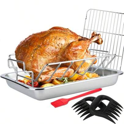 Roasting Pan With U And Flat Cooling Rack 15.5 Inch Roaster Pan For Turkey Chicken Stainless Steel Turkey Roasting Pan For Oven 6 PCS Set With Meat Claws Brush Dishwasher