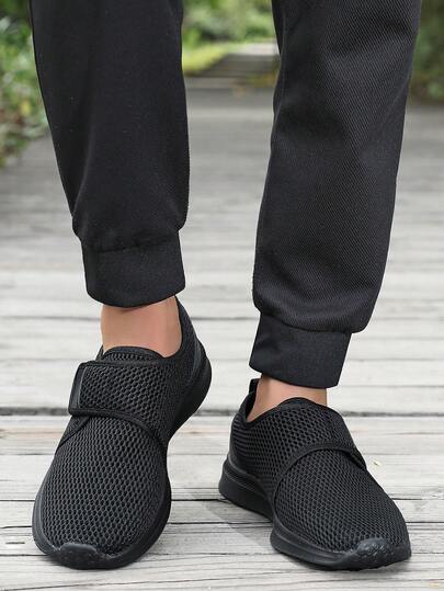 All Black Mesh Breathable Casual Shoes, Slip-On Lightweight Slouchy Shoes, Non-Slip Soft Bottom Shoes, Honeycomb Mesh Breathable Casual Shoes, Hook And Loop, Commuting & Walking Lightweight Versatile, Suitable For Commuting, Walking, Simple And Versatile Style, Suitable For Those Pursuing Comfort And Low-Key Style.