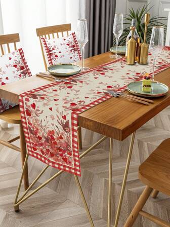 1 st hjärtformad bordslöpare med element för alla hjärtans dag, enkelsidig linnetryck, lämplig för kök, vardagsrumsdekor och festdekoration, alla hjärtans dag-dekor